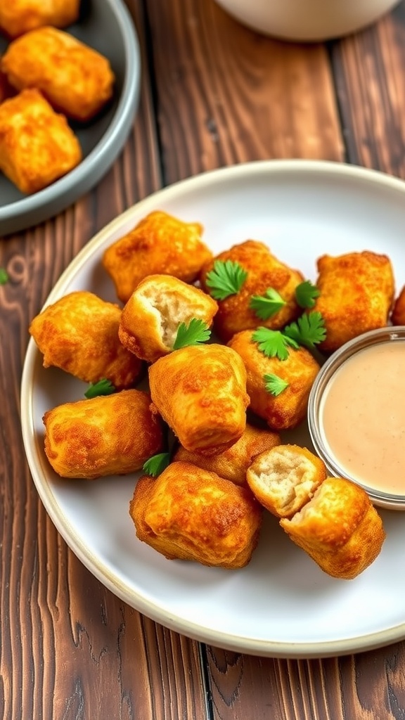 Crispy air fryer chicken bites on a plate, garnished with parsley, served with dipping sauce.